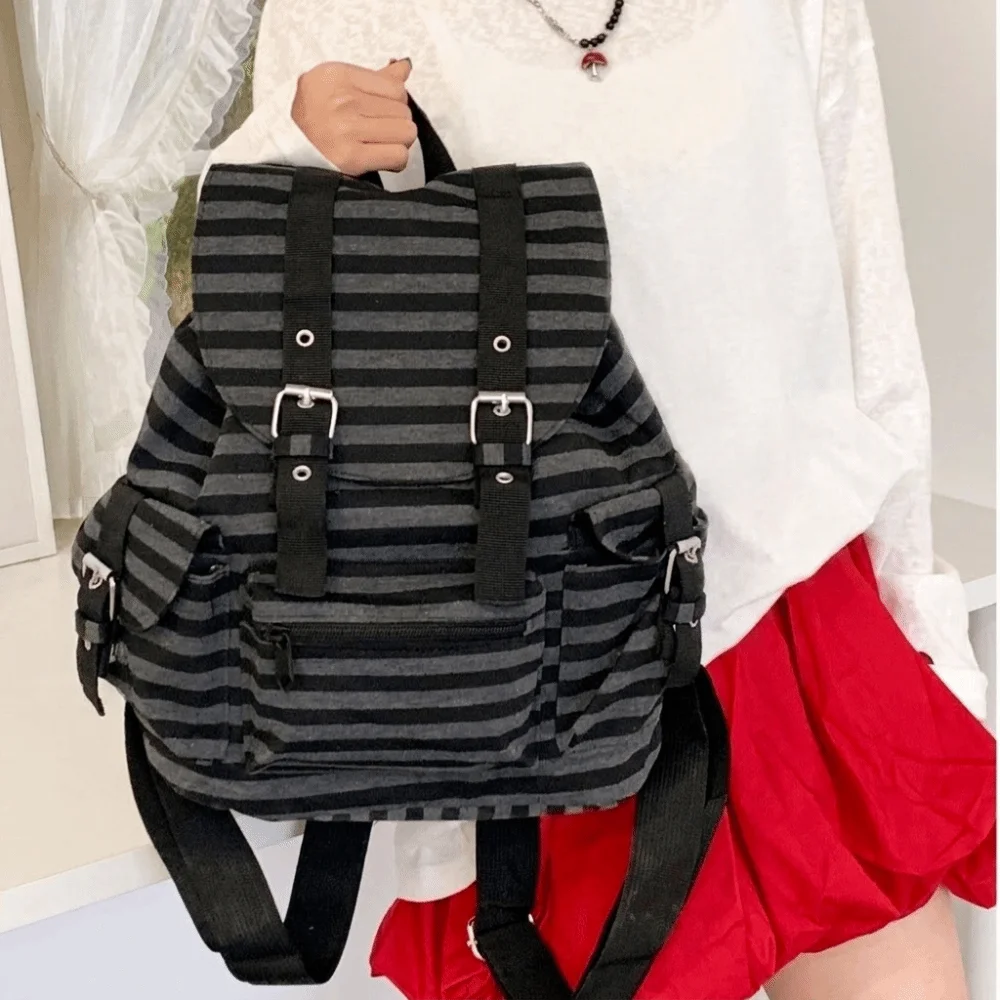 Fashion Large Capacity Striped Backpack Y2K Korean Style Students Schoolbag Multi-pocket Cloth Hiking Camping Bag College