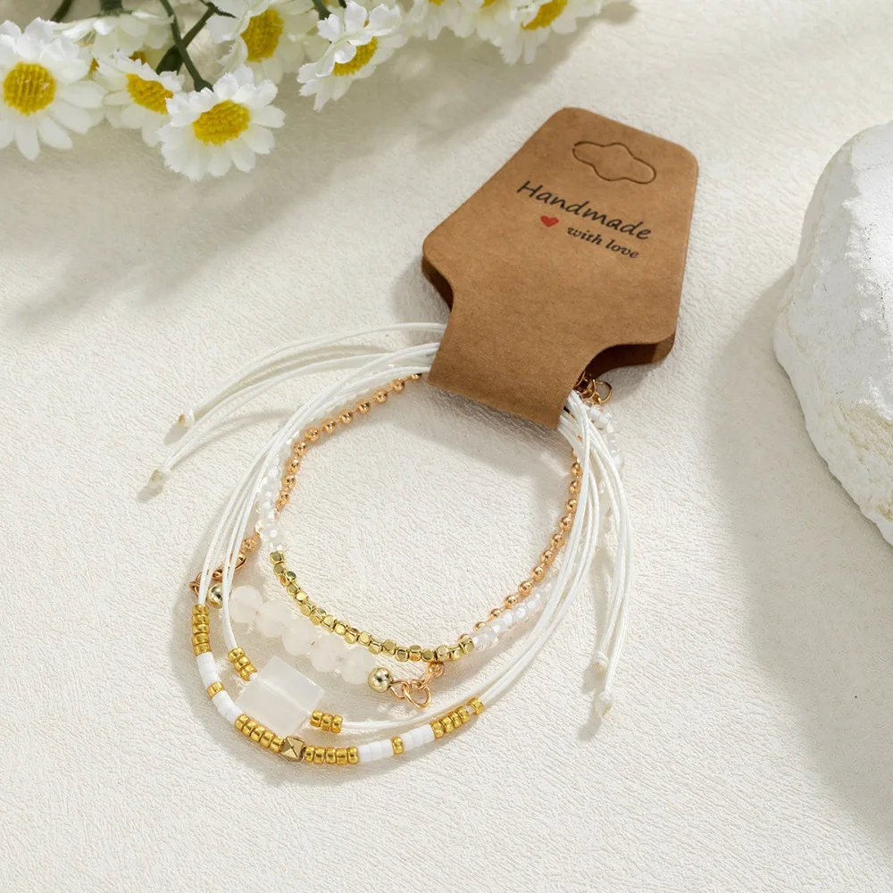 4Pcs Set Romantic Bohemian Faceted Imitation Crystal Seed Beaded Wax Cord Woven Bracelets for Women Vacation Travel Jewelry Sets