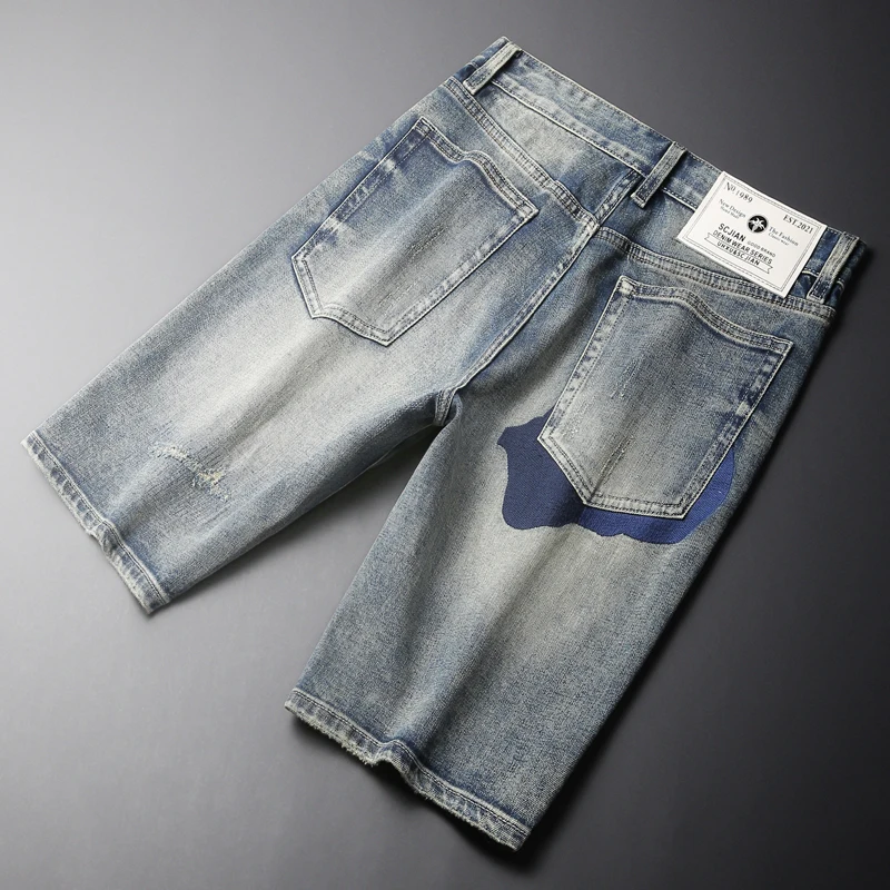 Summer Trendy Fashion Men Jeans Embroidery Patched Designer Elastic Ripped Short Jeans Retro Washed Hip Hop Denim Shorts Men