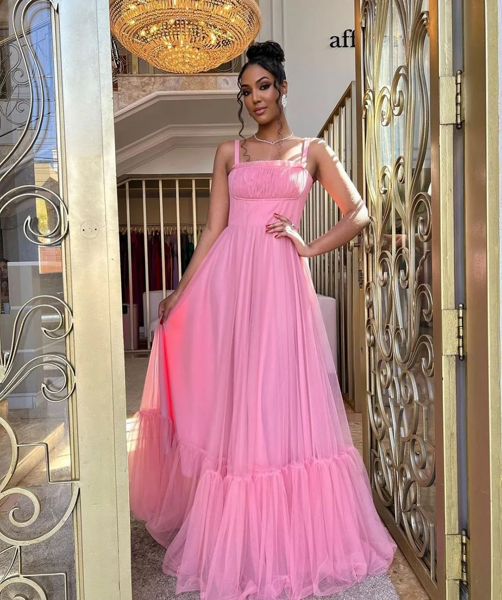 Msikoods Hot Pink Prom Dresses 2024 Pleats Spaghetti strap Tiered Fairy Long Evening Gown Graduation Dress For Teen Party Gown