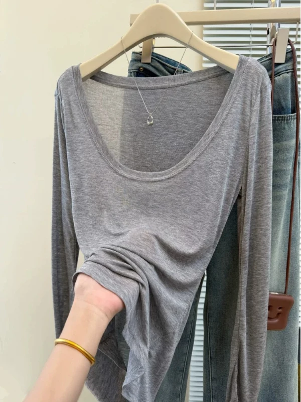 Fall 2026 Grey U-Neck Long Sleeve T-Shirt Thin Semi-Transparent Outerwear Korean Style Breathable Moisture Wicking Ladies Top