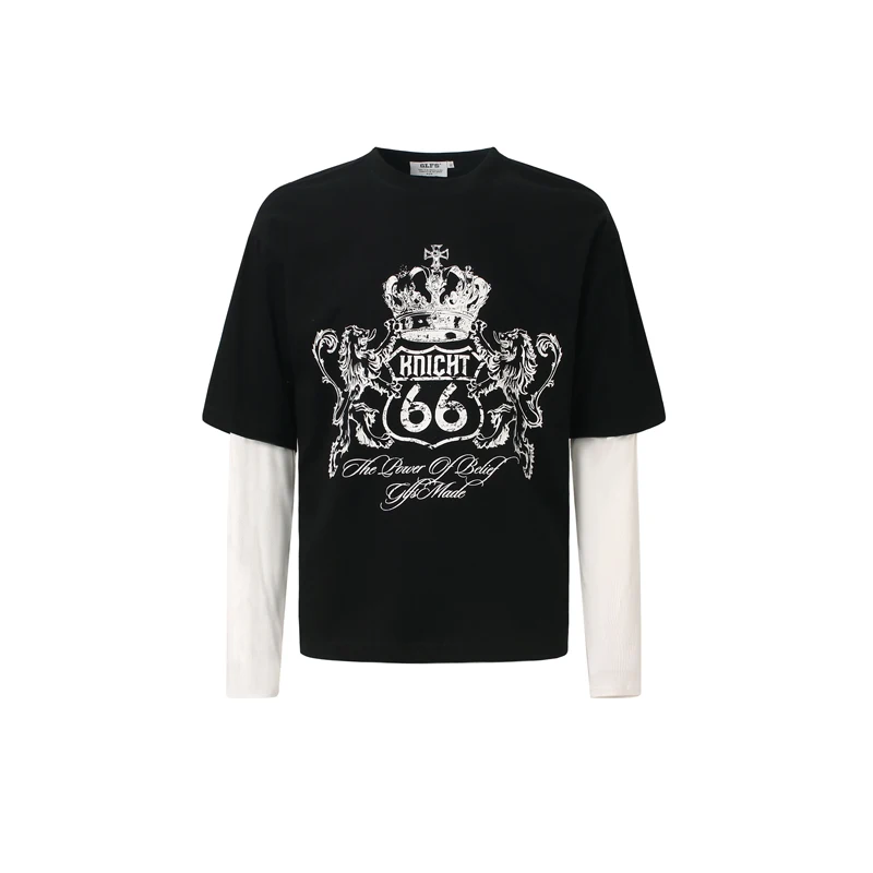 

Fake Two Pieces Champion Label Print Long Sleeve T-shirt Men Women Patchwork Splice Color Loose Casual T Shirt Autumn Winter