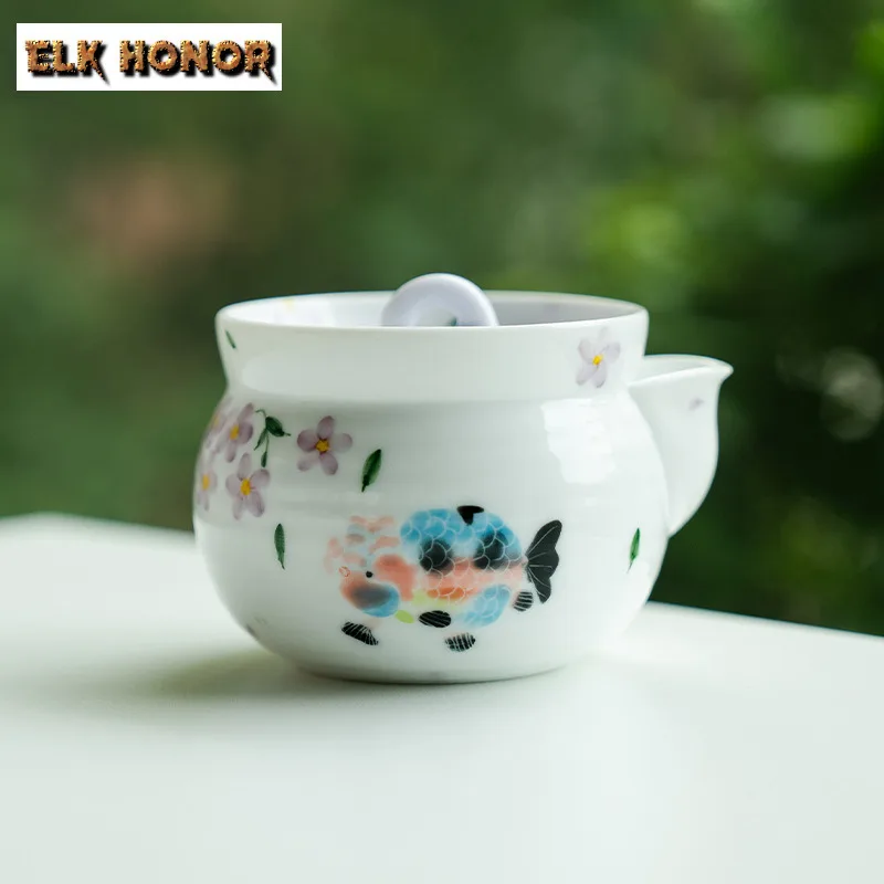 190ml Hand-painted Orchid Longevity Fish Hand Grab Teapot Aesthetic Tea Infuser Pot Tea Maker Kettle With Strainer Tea Item Gift