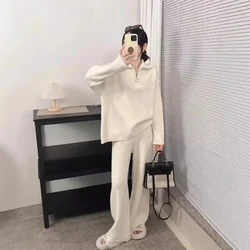 Knit Suit Women's New Winter Fashion Soft Waxy Zipper Sweater Casual Coat Straight Trousers Two-Piece Set