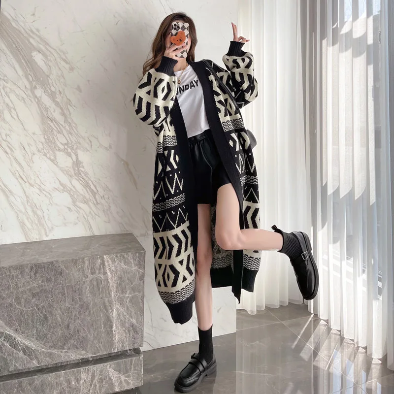 2023 Autumn/Winter New Korean Edition Sweater Coat Cardigan Over Knee Loose and Slim Retro Office Lady Comfortable Long Knit