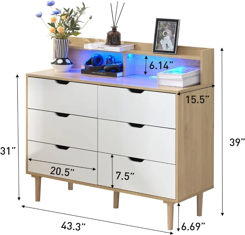 Bonzy Home 6 Drawer Dresser with Charging Station, Wooden Chest of Drawers with LED Light for Closet Hallway