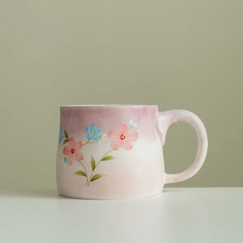 

Ceramic Mug Powder Mixed With Peach Powder, Hand Drawn With Five Petal Flowers, Exquisite Office Cup, Women's Personal Tea Cup