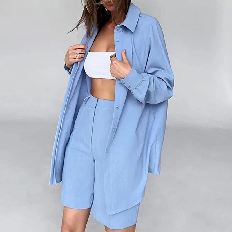 

Casual Solid Color Long Sleeve Loose Suit Elegant Pocket Commuter Outfits 2024 Autumn Women's Lapel Button Shirt+Shorts 2pc Sets