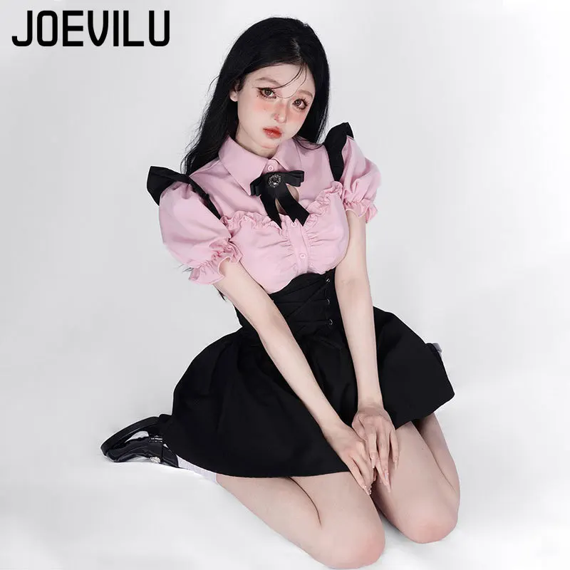 Japanese Strap Skirt Set Lovely Fly Sleeved Shirt with Bow Tie Bandage Black Mini Skirts 2 Piece Sets Babes Kawaii Y2k Outifits