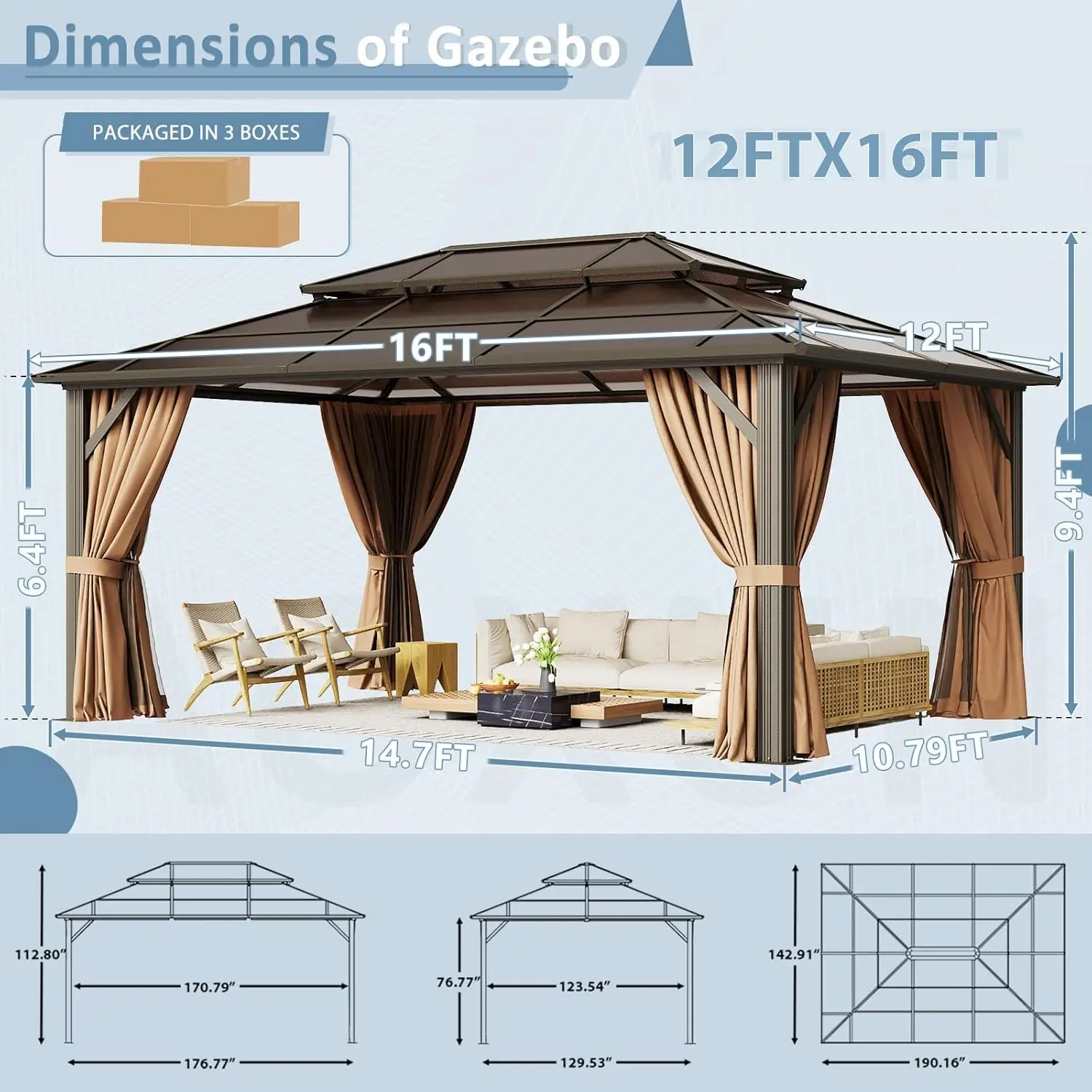 12'x16' Hardtop Gazebo Aluminum Frame Permanent Pavilion with Curtains and Netting Outdoor Polycarbonate Double Roof Canopy