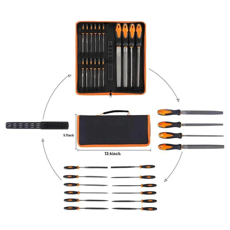 17Pcs File Tool Set Premium Drop Forged Alloy Steel Precision Flat/Triangle/Half-round/Round Large File