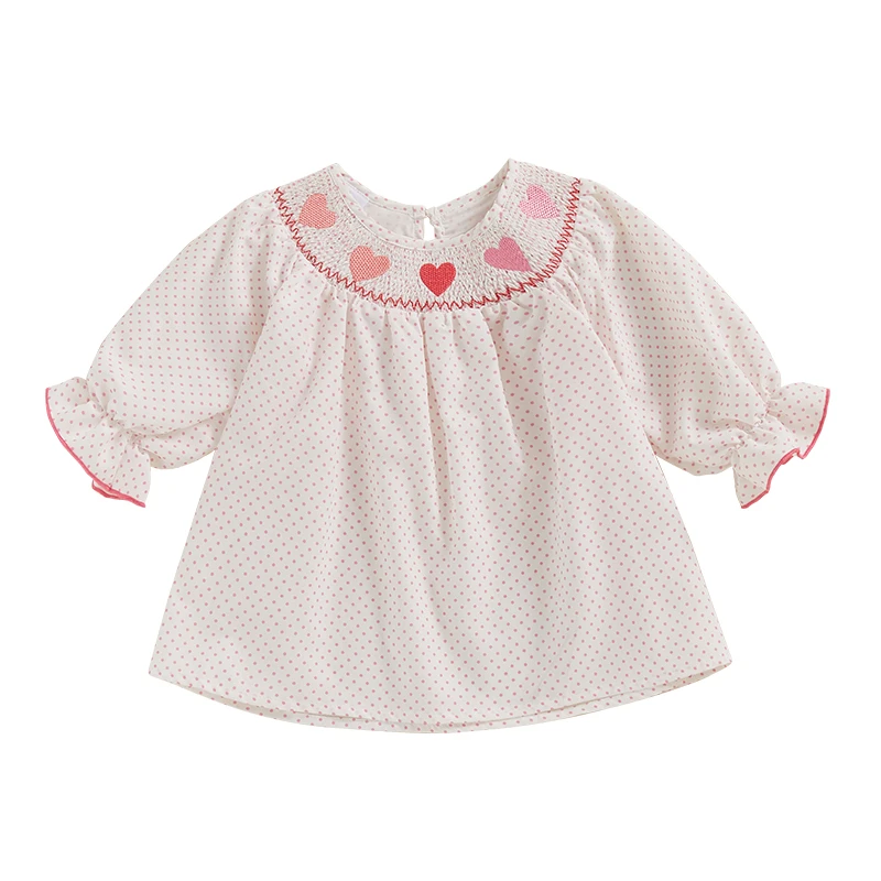 Toddler Girls Dress Heart Embroidered Dot Print Long Sleeve Casual Dress Fall Princess Valentine s Day Dress