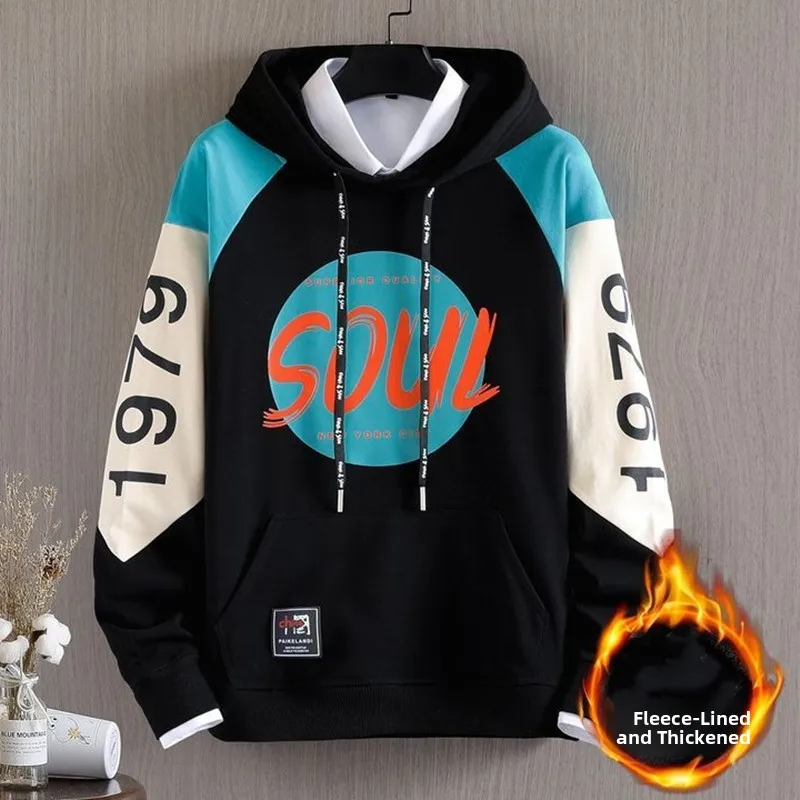 Thiened Fce Men's Hoodie Autumn Winter Warm Outerwear Loose Trendy Brand Letter Print Hoodie Korean Sle Casual Sweatirt