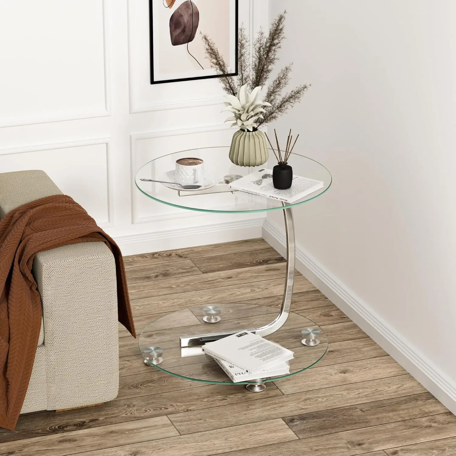 Nidouillet Round Coffee Tables, 2-Tier Glass Top Circle Coffee Table, Simple & Modern Center Table For Living Room Office &