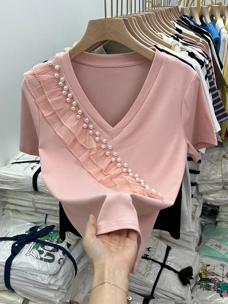 2023 100% cotone estate perline per unghie Tshirt industria pesante t-shirt donna Slim Solid manica corta t-shirt Basic Top