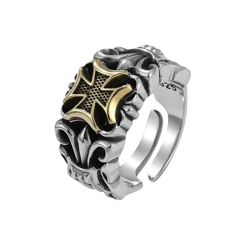 

Медное кольцо с позолотой в форме креста для мужчин, из стерлингового серебра 925 пробы, винтажное модное одинарное кольцо, регулируемое кольцо на указательный палец