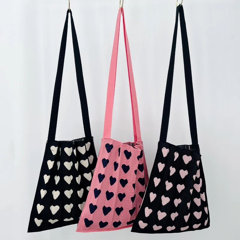 Womens 2023 Contrast Neon Y2K borsa pieghevole a tracolla colorata tracolla lunga a righe cuore Dot Cherry Print Tote in maglia morbida intrecciata a mano