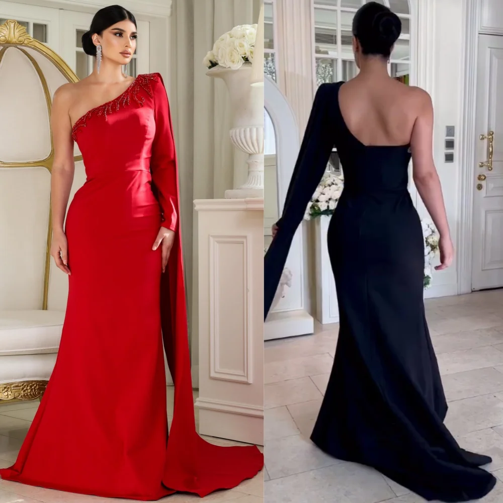 

Customized Casual Matching Jersey Sequined Pleat Trumpet One-shoulder Long Dresses Bespoke Occasion Elegant