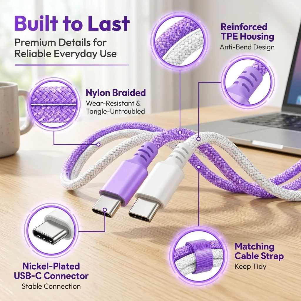 USB C to USB C Cable 10 Pack 3.3FT(1M), 5 Purple + 5 White Nylon Braided Fast Charging Type C Charger Cord, High Speed Data Transfer USB-C to USB-C Cable Compatible with iPhone 15/16 Series, Samsung Galaxy, Pixel, iPad, Android USB-C Devices