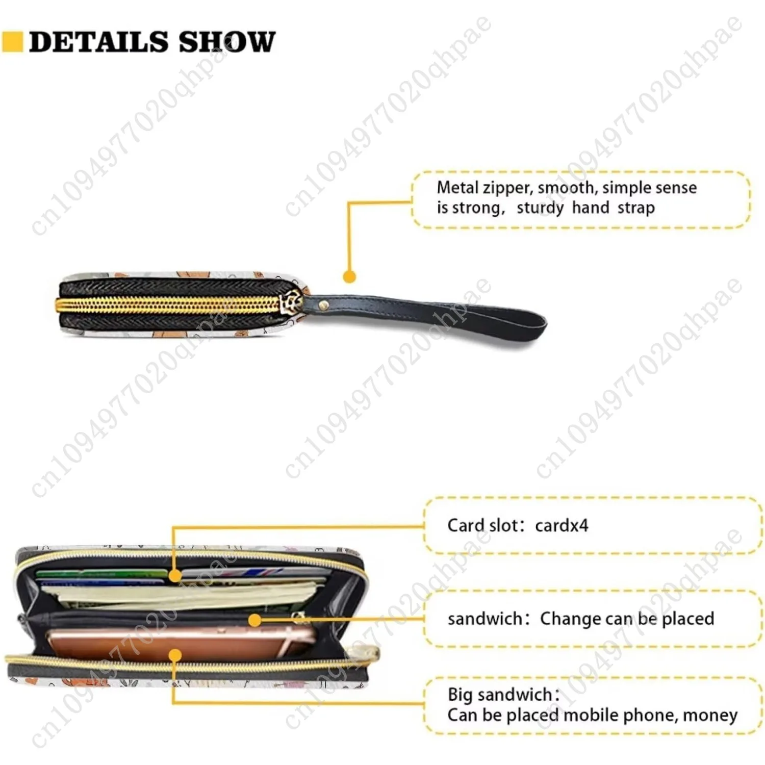 محفظة نسائية طويلة مع معصم سعة كبيرة وسحاب معدني ومحفظة هاتف لطيفة على شكل قطة - فتاة تحب القطط مطبوعة من جلد البولي يوريثان