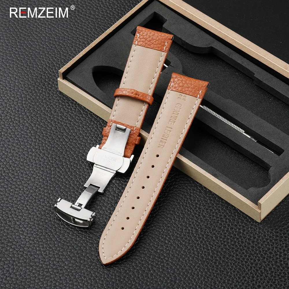 Litchi Pattern Design Leather Wrist Band 18mm 20mm 22mm Men Women Strap with Butterfly Buckle Gift Box Packaging Watchband image 5