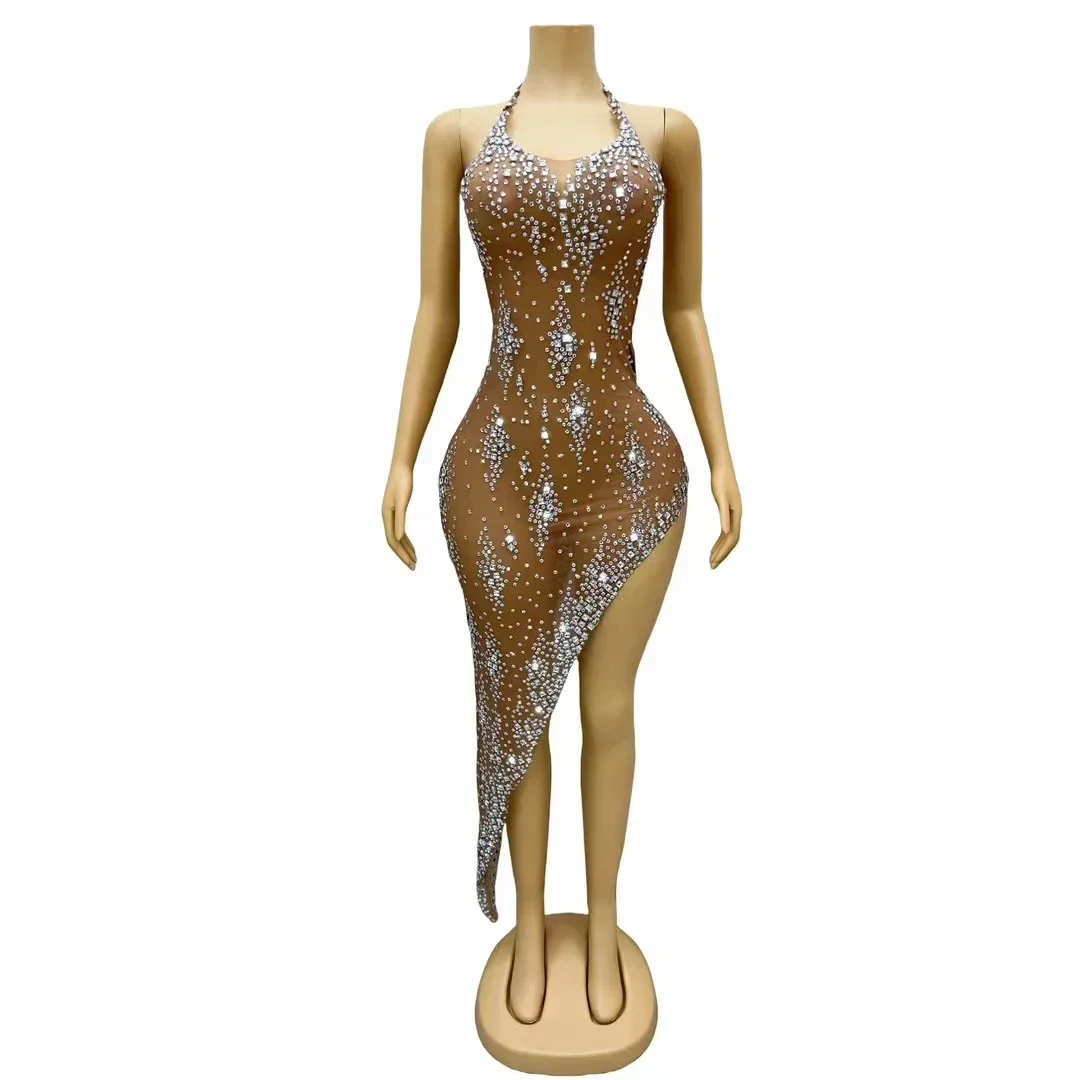 New Summer Sparkly Rhinestones Sexy Halter Backless Slit Sheath Dress Celebrate Wedding Evening Party Gown Birthday Dress Xinghe