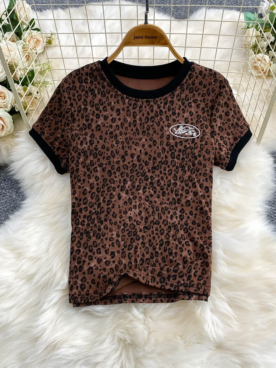 American Style Spicy Girl Fashion Versatile Dragon And Phoenix Embroidery round Neck T-Shirt Women's Loose Slimming Leopard P...