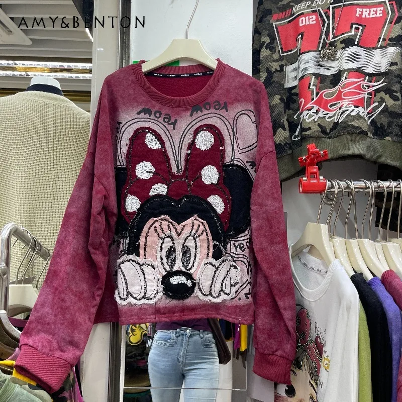 Y2k O-Neck Sudaderas Coat Heavy Industry Cartoon Patch Embroidery Long Sleeved T-shirt Hoodies Loose Casual Sweet Sweatshirt