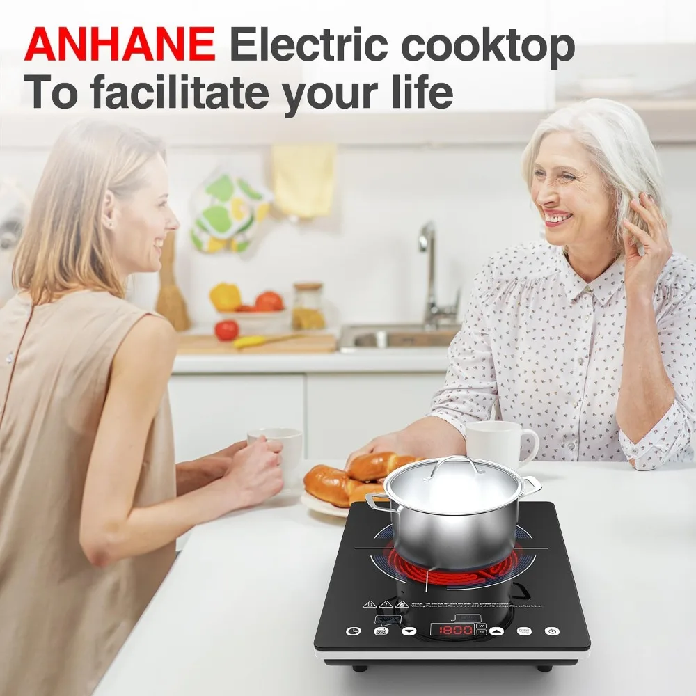 

Electric Stove Infrared Cooktop Hot Plate 1800W,4-Hour Setting,Black Crystal Glass Surface Compatible for All Cookware