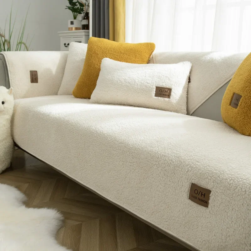 Lamb Wool Anti-slip Sofa Mat Fashion Plush L Shape All-inclusive Corner Seat Cover Winter Warm Couch Cushion Towel Living Room