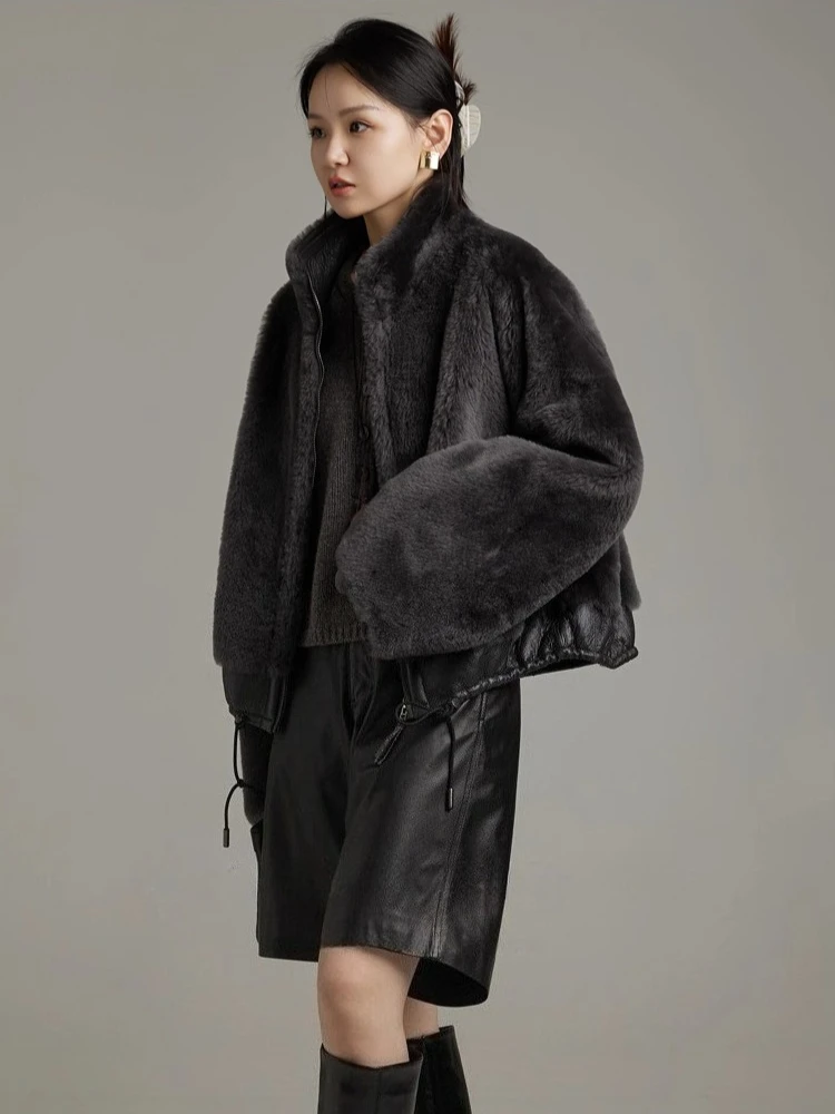 High-end Luxury Merino Sheep Fur Plush Jackets for Women Simple Stand Collar Casual Short Winter Genuine Leather Real Fur Coat