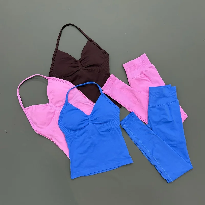 2Pcs Women Gym Sports Set Seamless Yoga Halter Neck Top High Waist Scrunch Butt Leggings Fitness Workout Sportswear