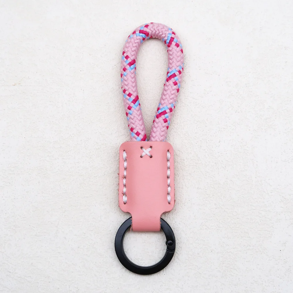 Handmade Cowhide Keychain with Woven Rope, Creative Gift