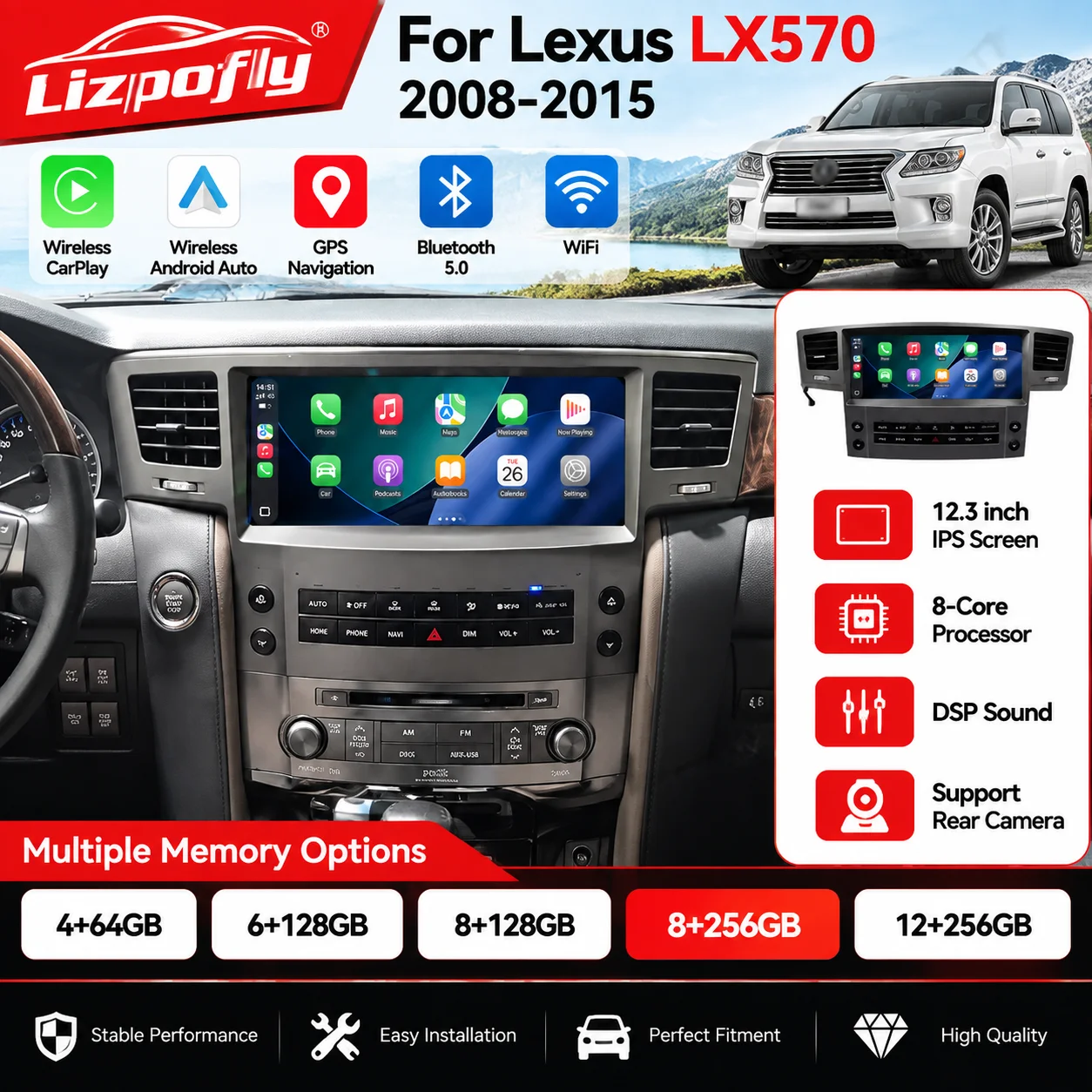Lizpofly 12.3 Inch Multimedia Display Touch Screen For Lexus LX570 2008-2015 Car GPS Navigation Carplay Car Multimedia Player