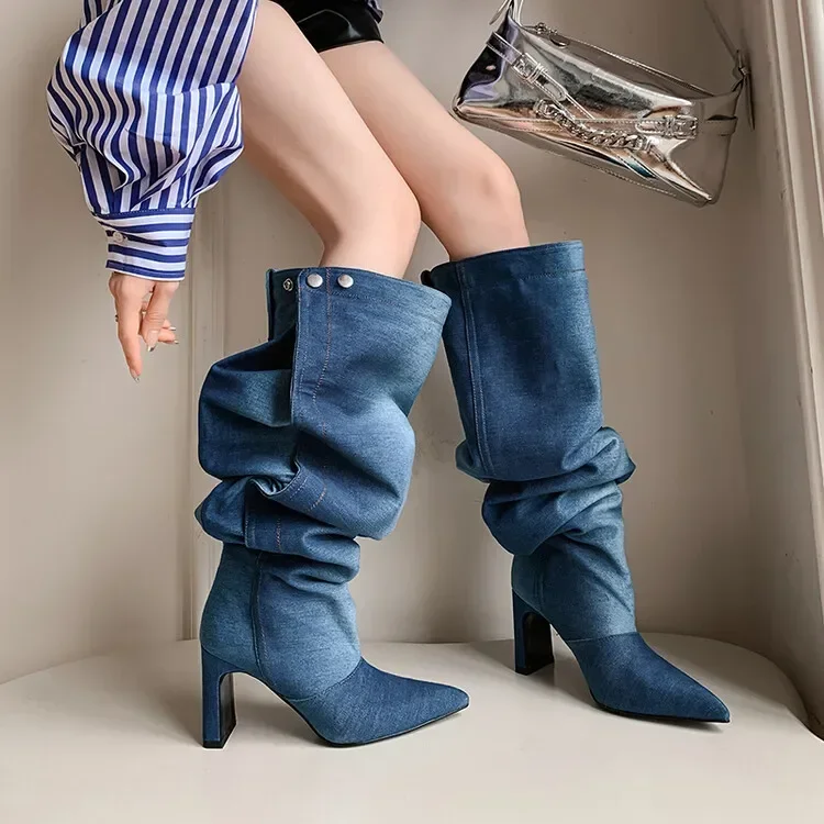 

European American Pointed Blue Denim Lantern Boots Women's Pleated And Lazy 8cm High Heels Western Denim Knee High Boots Size 42