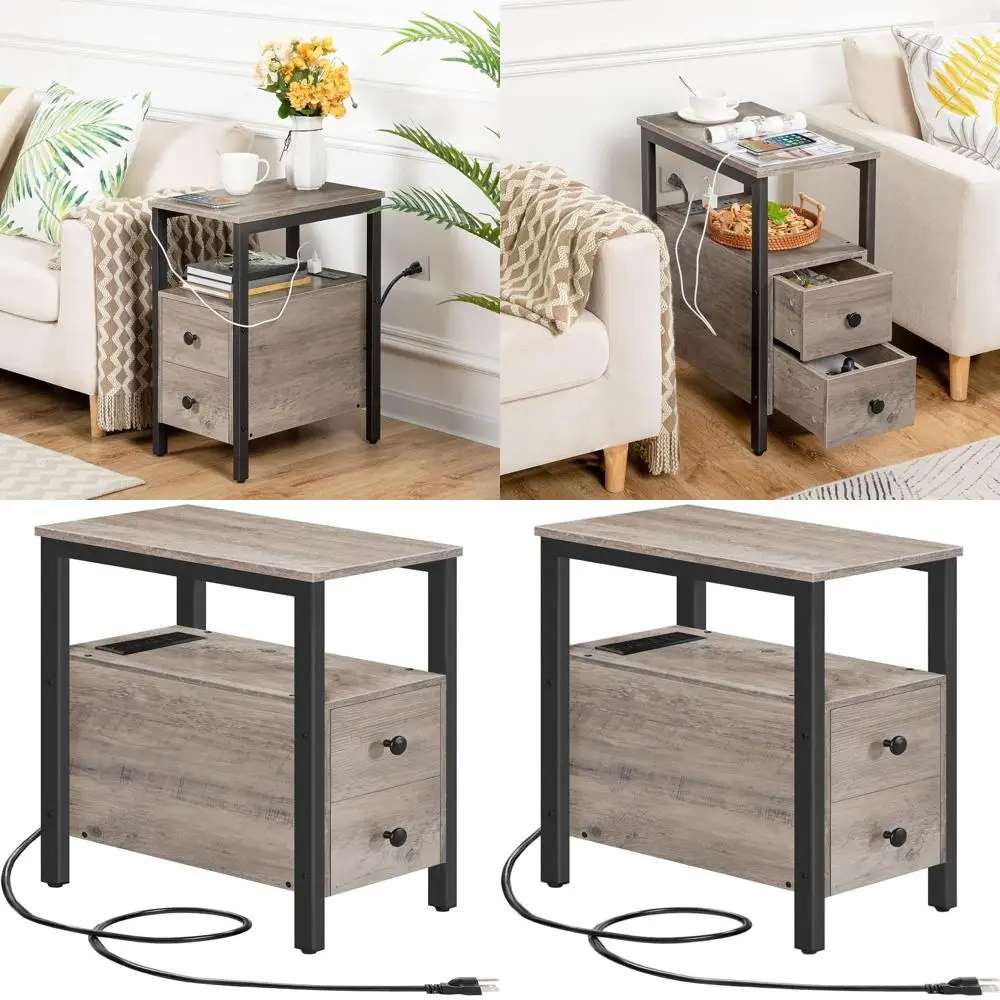 

Narrow End Table with Charging Station, 2 Drawers, USB & Power Outlets for Small Spaces