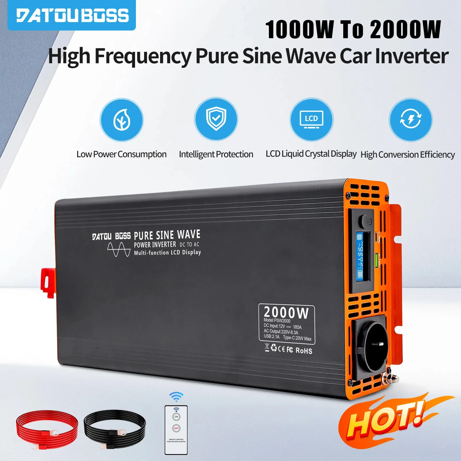 

DATOUBOSS Pure Sine Wave Car Inverter 4000W DC12V 24V 36V 48V 60V 72V to AC 220V-240V Continuous Power 2000W With LCD Inverter