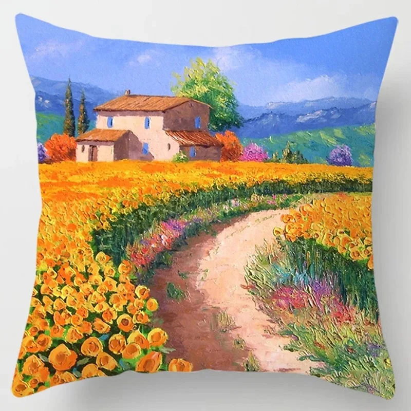 Countryside landscape oil painting printed pillowcase lavender sunflower pillowcase home bedroom living room sofa cushion cover