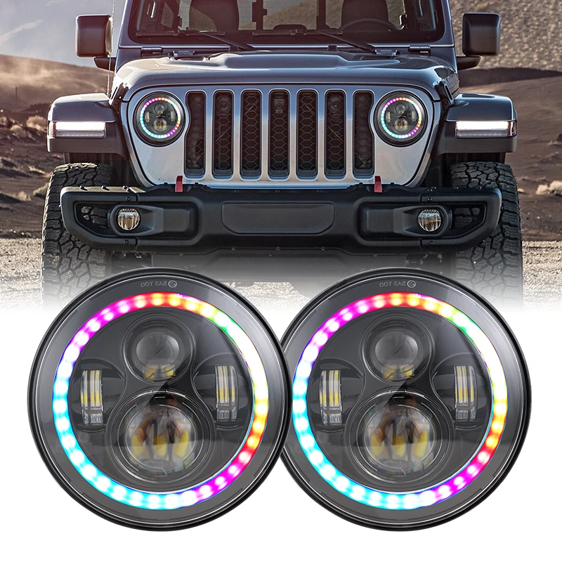 

1Pair 7 Inch LED Headlights RGB with Halo Ring Amber Yellow Turn Signal for Lada Niva Urban 4x4 Suzuki Jeep Wrangler Offroad