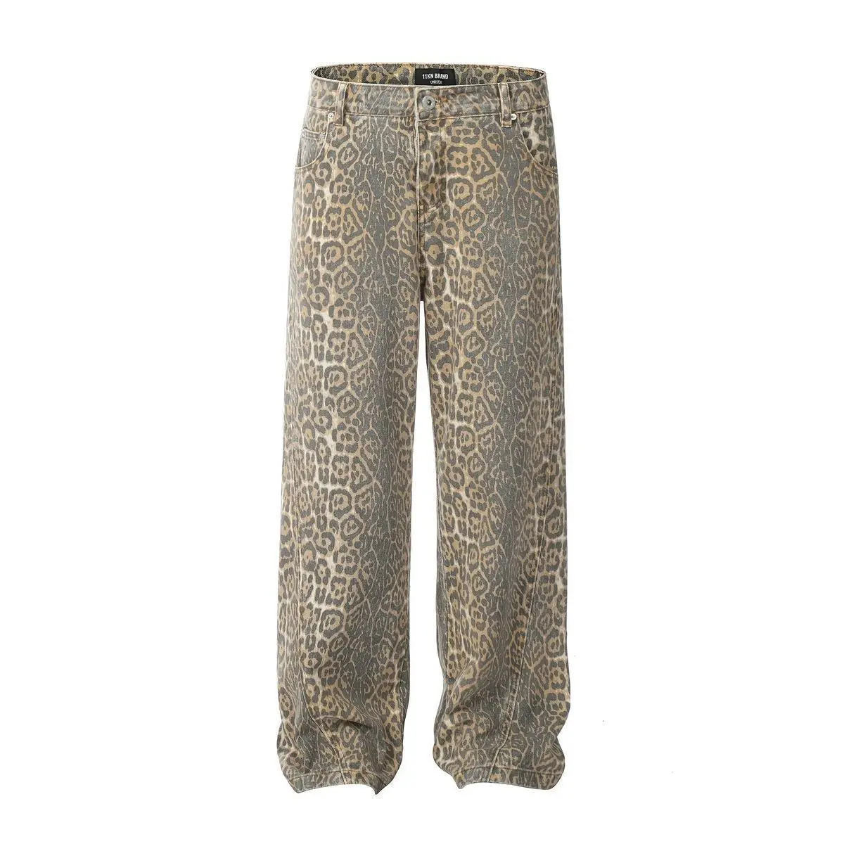 Calça jeans de cintura alta com estampa leopardo vintage masculina, calça casual Hip Pop de perna larga, calça jeans Y2K, grande tamanho, primavera, outono