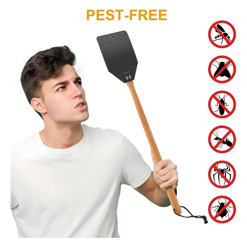 Scacciamosche in pelle PORK per interni/esterni, scacciamosche da servizio con manico in legno di noce, confezione da 2 manuali con sventola lunga da 19,7 pollici