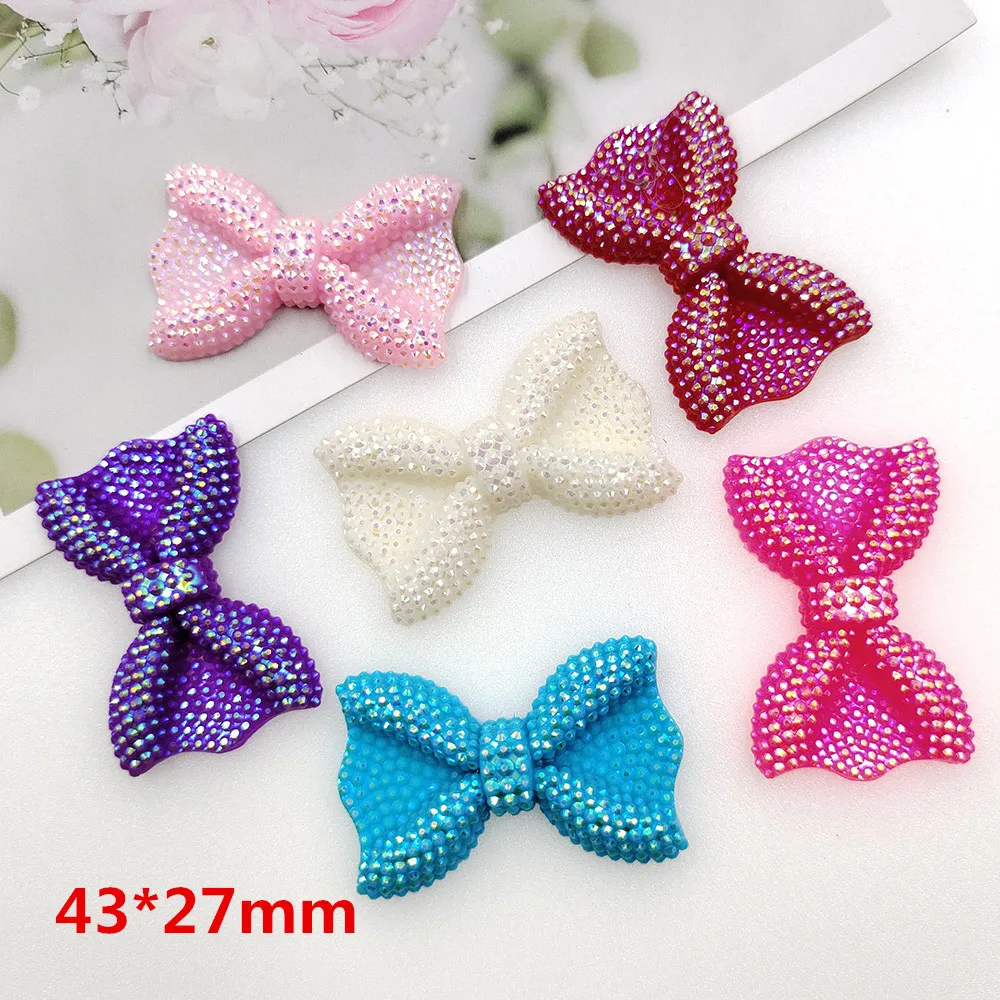 10Pcs /lot  4.3*2.7cm shiny Resin AB co bow  Applique for DIY Clothes Hat Headwear Patch Sewing Crafts Gloves Socks Decoration