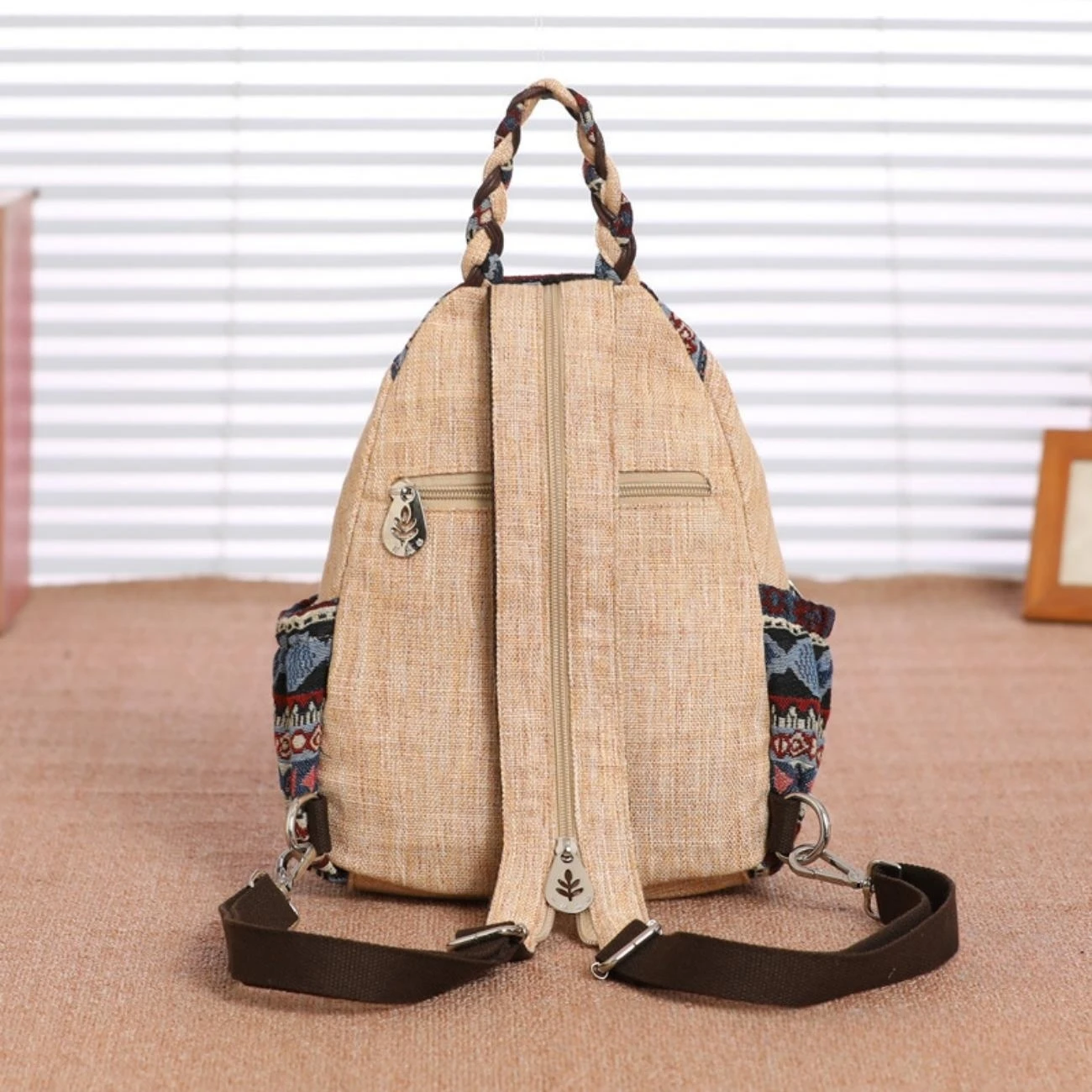 Ethnic style hand woven backpack with double layer fabric and versatile casual backpack, lightweight canvas travel bag