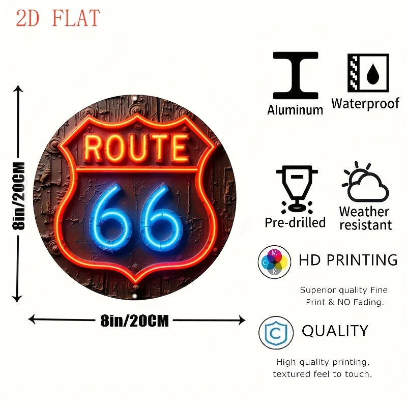 Tin Sign - Vintage Durable Metal Plaque Wall Decor, Neon Route 66 Shield Home Office Bar Man Cave Wall Art