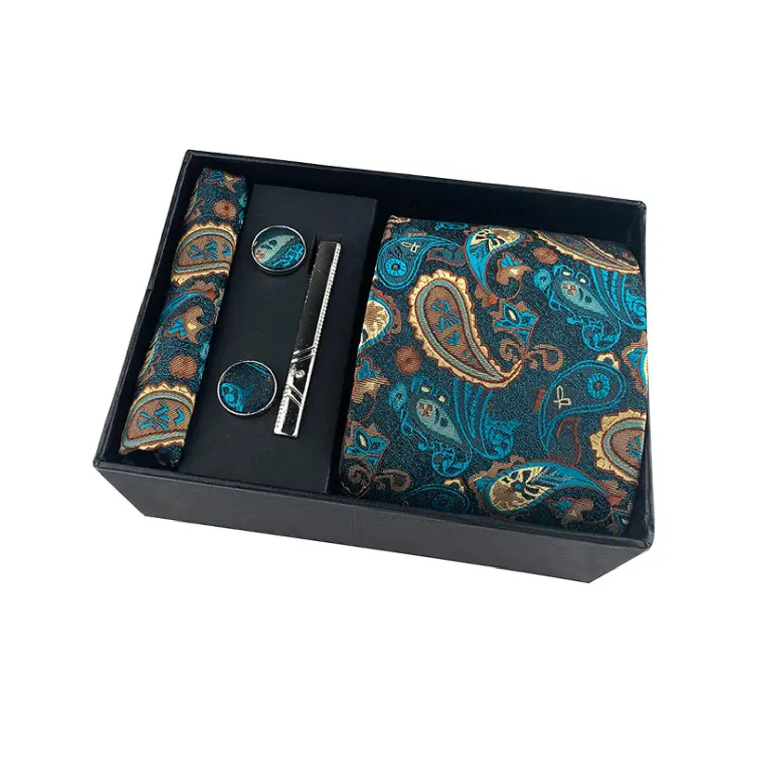 Men's Paisley Tie Set: Tie, Square Scarf, Cufflinks, Tie Clip in Black Gift Box