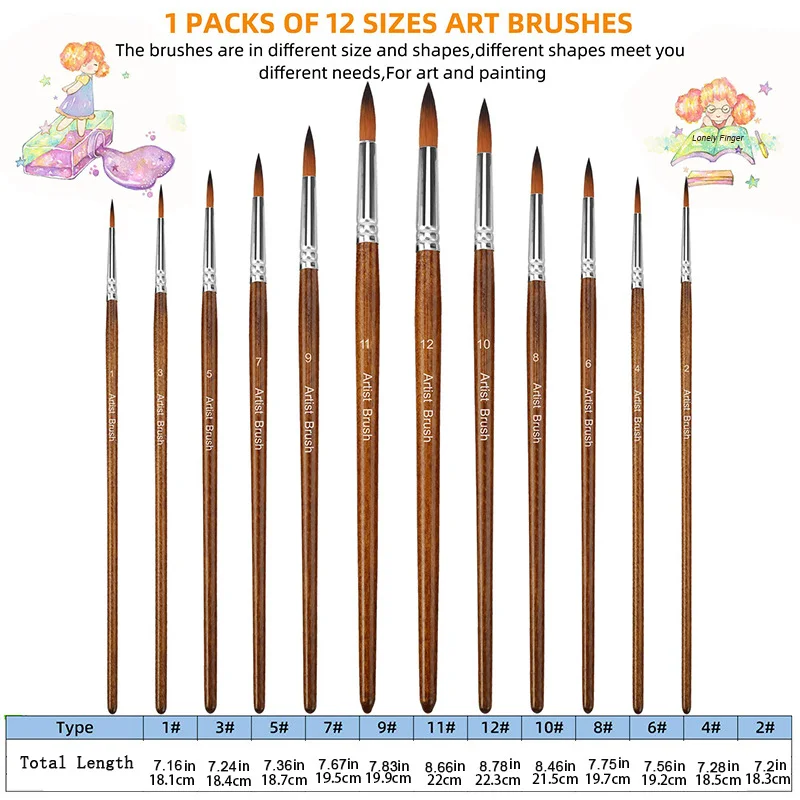 12Pcs Nylon Paint Brush Set, Durable Round Tip Brushes for Acrylic Watercolor Oil Gouache Body Painting