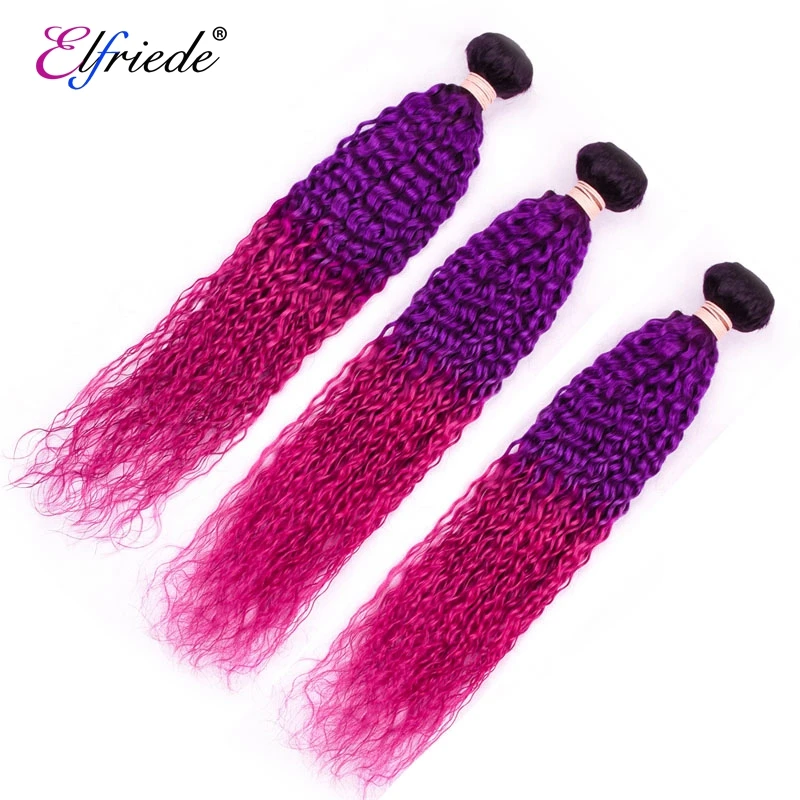 Pacotes de cabelo humano ElfrieEr Kinky Curly, Tece cabelo colorido, 1B Purple Rose Red, 3 ou 4 Pacotes, Ofertas