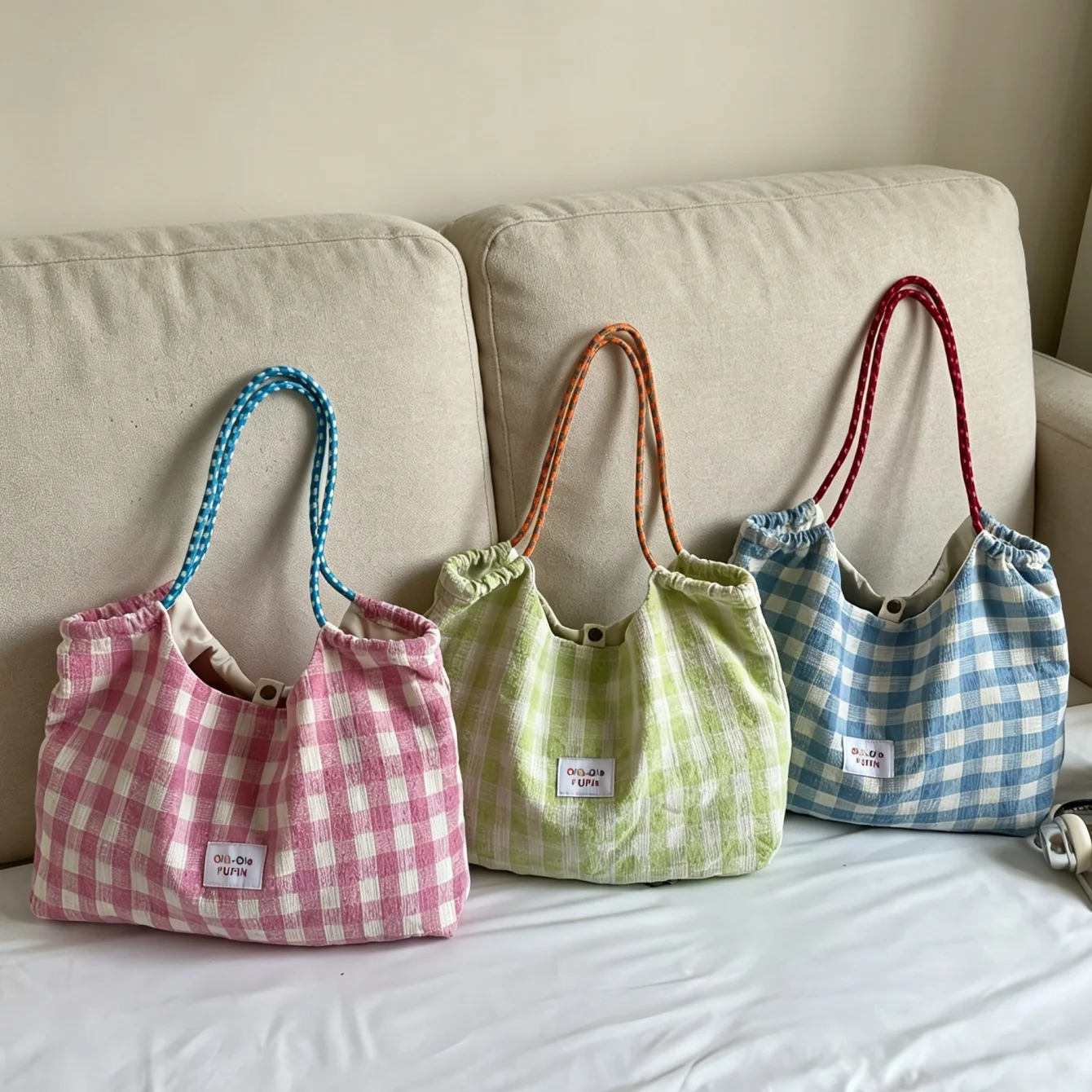 Versatile Women Canvas Handbag Korean Lazy Plaid Design Large Capacity Tote Bag Fashion Single Shoulder Bag for Commute Daily