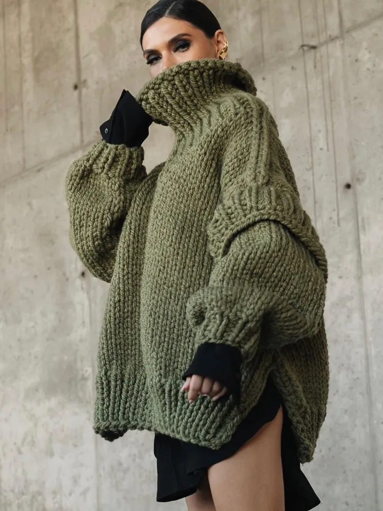 DEAT Fashion Women\'s Knitted Pullover Turtleneck Patchwork Loose Long Sleeves Warm Lady Sweater Winter 2024 New Tide 7AB1868