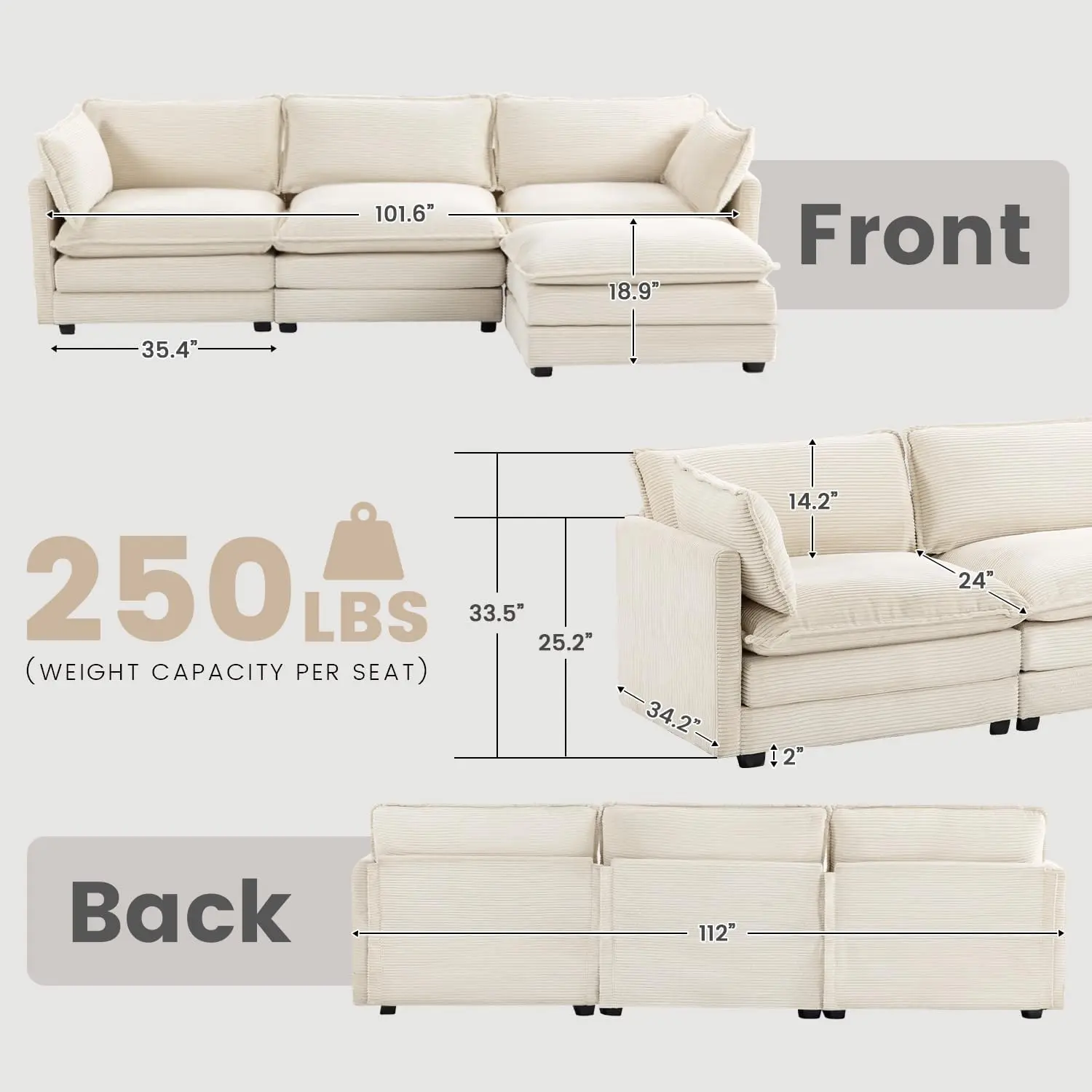 112 Inch Modular Sectional Cloud Sofa Moveable Ottoman Four Seat Corduroy L Shaped Deep Seating Living Room Beige